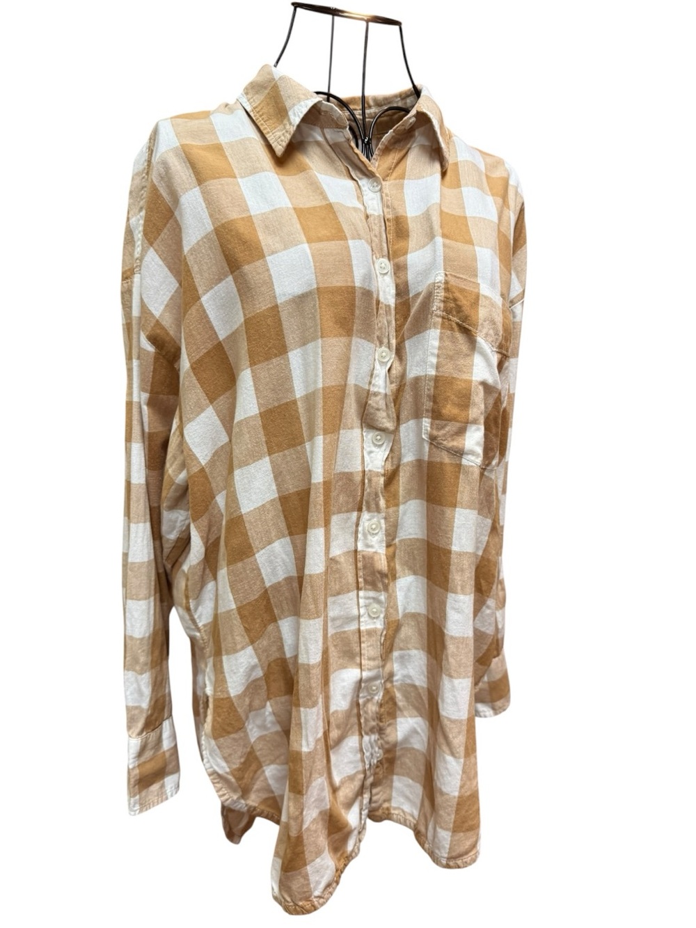 Anthropologie Maeve 100% Cotton Checked Button-Down Shirt - Cream & Tan preppy - Picture 4 of 9